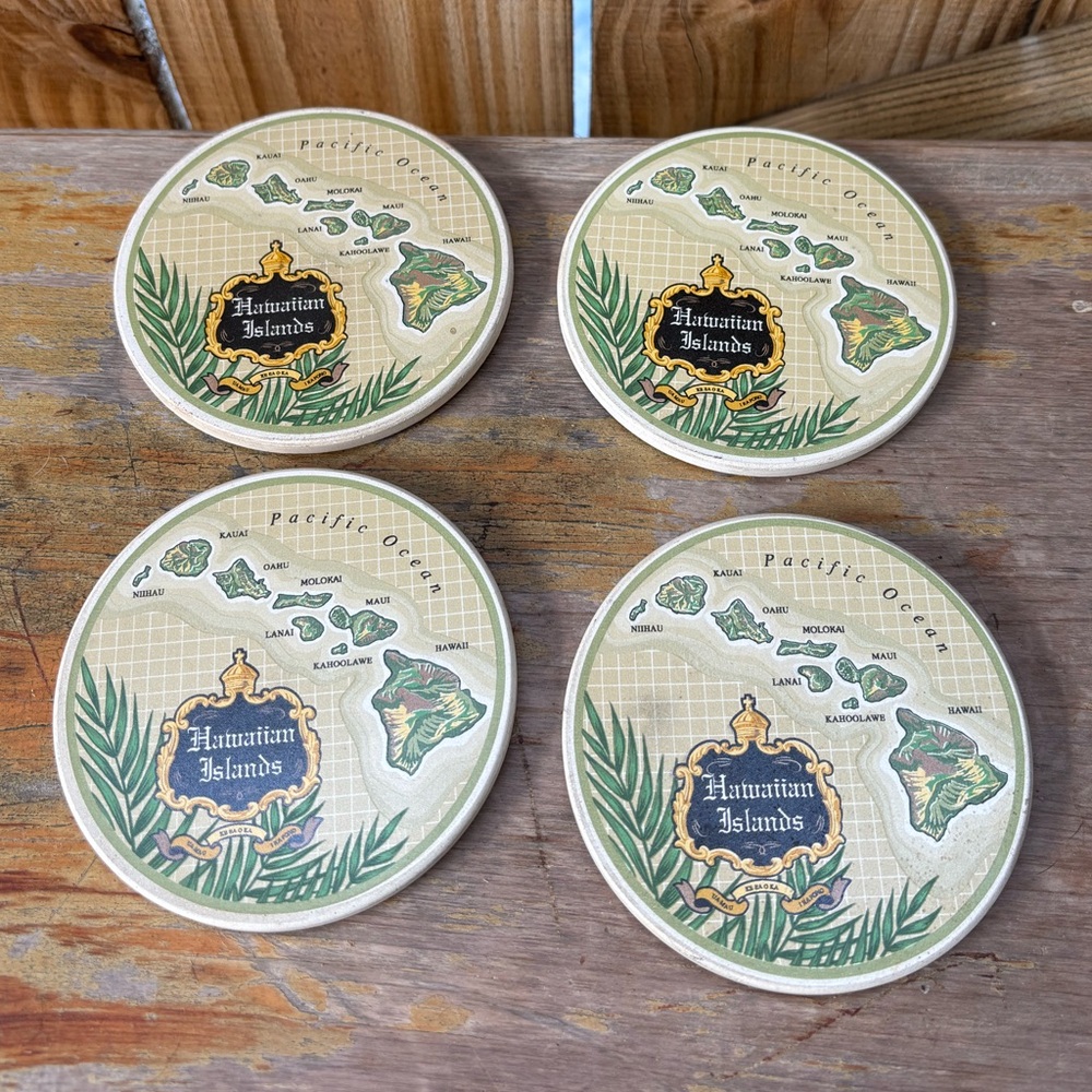 Set of 4 Vintage Hawaiian Islands Ceramic Absorbent Cork Back Coasters Size 4”